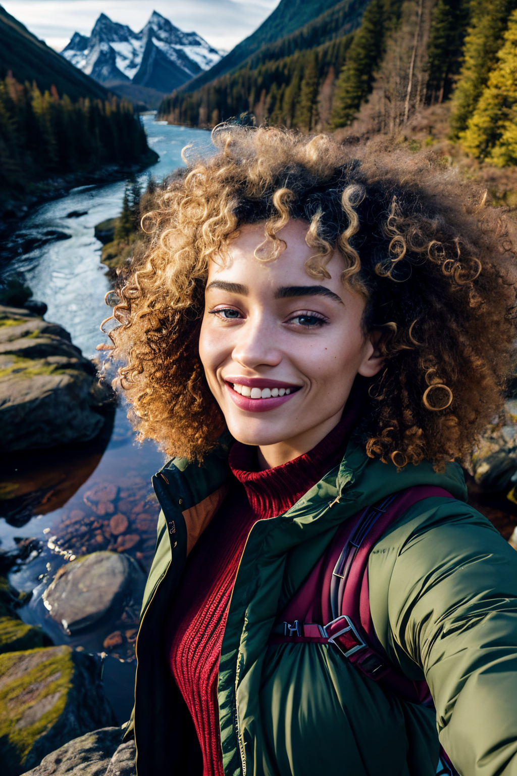 ((selfie)) photo of RoxieCipher with curly hair, smiling, outdoors, mountains, wearing a backpack, sweater, and hiking jacket, rocks, river, wood, analog style (look at viewer:1.2) (skin texture), close up, cinematic light, sidelighting, Fujiflim XT3, DSLR, 50mm <lora:add_detail:0.4> <lora:LowRA:0.5>