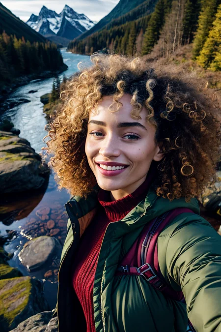((selfie)) photo of RoxieCipher with curly hair, smiling, outdoors, mountains, wearing a backpack, sweater, and hiking jacket, rocks, river, wood, analog style (look at viewer:1.2) (skin texture), close up, cinematic light, sidelighting, Fujiflim XT3, DSLR, 50mm <lora:add_detail:0.4> <lora:LowRA:0.5>
