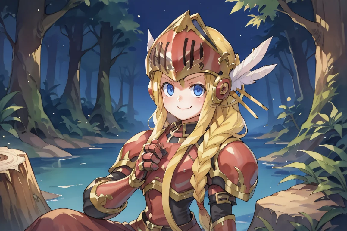 (score_9, score_8_up, score_7_up, score_6_up), source anime, BREAK, <lora:Aegina:0.75> , aegdef, 1girl, blonde hair, long hair, braid, blue eyes, valkyrie, visor (armor), winged helmet, armored dress, armor, gauntlets, smug, evil grin, closed mouth, looking at viewer, solo, sitting, stump, twin braids, <lora:zy_Detailed_Backgrounds_v1:0.5> , detailed background, highly detailed, castle, fortress, night, forest, overgrowth, jungle, <lora:Watercolor Anime Style LoRA_Pony XL v6:0.6> , watercolor \(medium\), traditional media,
