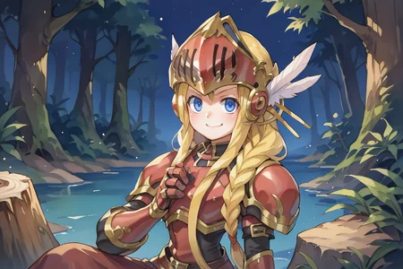 (score_9, score_8_up, score_7_up, score_6_up), source anime, BREAK, <lora:Aegina:0.75> , aegdef, 1girl, blonde hair, long hair, braid, blue eyes, valkyrie, visor (armor), winged helmet, armored dress, armor, gauntlets, smug, evil grin, closed mouth, looking at viewer, solo, sitting, stump, twin braids, <lora:zy_Detailed_Backgrounds_v1:0.5> , detailed background, highly detailed, castle, fortress, night, forest, overgrowth, jungle, <lora:Watercolor Anime Style LoRA_Pony XL v6:0.6> , watercolor \(medium\), traditional media,