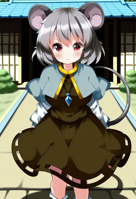 ruu style, (japanese village), (feudal japan), daytime, 1girl, solo, neutral gaze, closed mouth, ((large breasts)), ((standing)), ((posing)), looking at viewer, ((nazrin)), red eyes, grey hair, short hair, mouse ears, mouse tail, pendant, grey capelet, brown dress, long sleeves, white sleeves, white socks