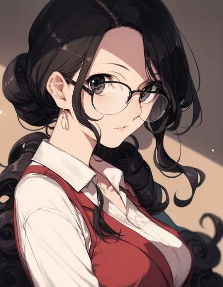 score_9,score_8_up,score_7_up,score_6_up,score_5_up, hd5,nagioka, uncensored,1girl,solo,teacher,from side, upper body, looking at viewer,very long curly hair,parted lips, glasses,black eyes,over-rim eyewear,