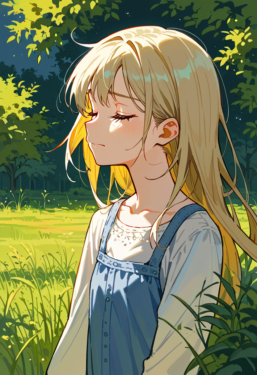score_9, score_8_up, score_7_up, score_6_up, score_5_up, score_4_up, source_anime, digital artwork, dry grass, ravens in grey sky, ash, desolate wasteland, embroidery, (portrait),  (teenager), (blonde haired girl) in (sarafan:1.3) with (short:1.4), (sad smile),  closed eyes, blue dress <lora:sarafan-v1.0_150_epochs:1.0>