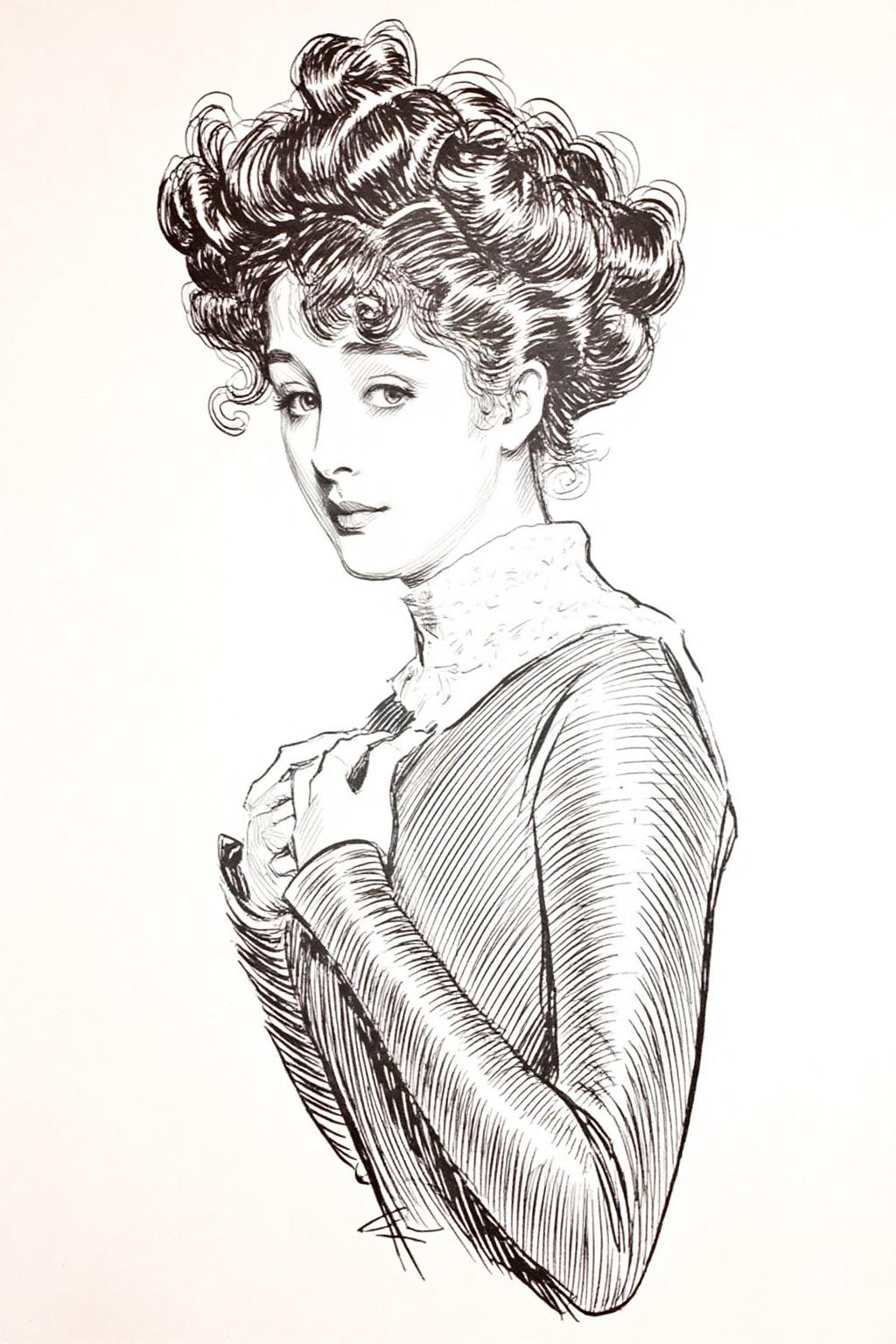charlesdgibson1 color illustration.
A young woman is portrayed in profile, with her head turned slightly to the side, giving a three-quarter view. Her expression is soft and contemplative, with her eyes gazing gently downward. Her hands are resting on her chest. Her voluminous hair is styled into a slightly messy updo with curls. She is gazing shyly at the viewer. <lora:charlesdgibson1_cap_d8a4:1.0><lora:840201817922160544:0>