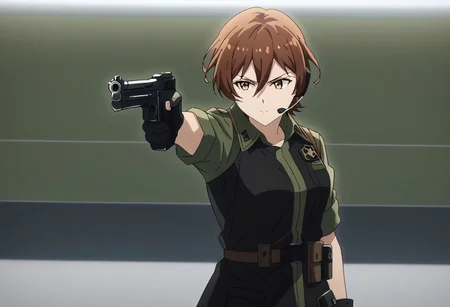 1girl, highres, solo, solo focus, shiho, army, short hair, bangs, hair intakes, hair between eyes, headset, shirt, gloves, collared shirt, black gloves, dress, black dress, holding weapon, holding gun, handgun, aiming, pistol