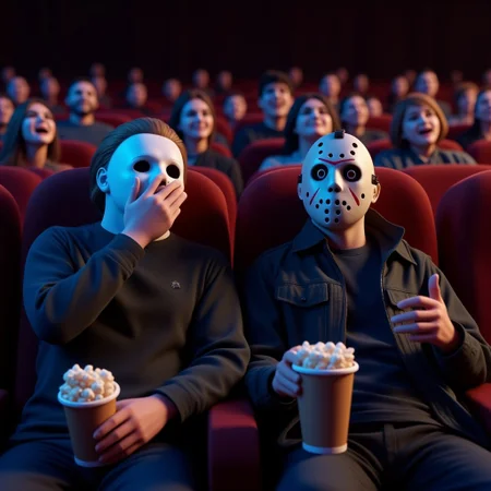 hyper detailed Michael Myers wearing a white captain kirk mask and Jason Voorhees wearing a hockey mask, with popcorn cups on their laps are sitting in the front row of the cinema, watching a movie. The terrified Michael Myers is covering its face with its hand, while Jason voorhees screams in horror with huge, frightened eyes. Various people sitting behind them laughing. Art by Ash Thorp. Cinema 4D, Octane and Redshift.