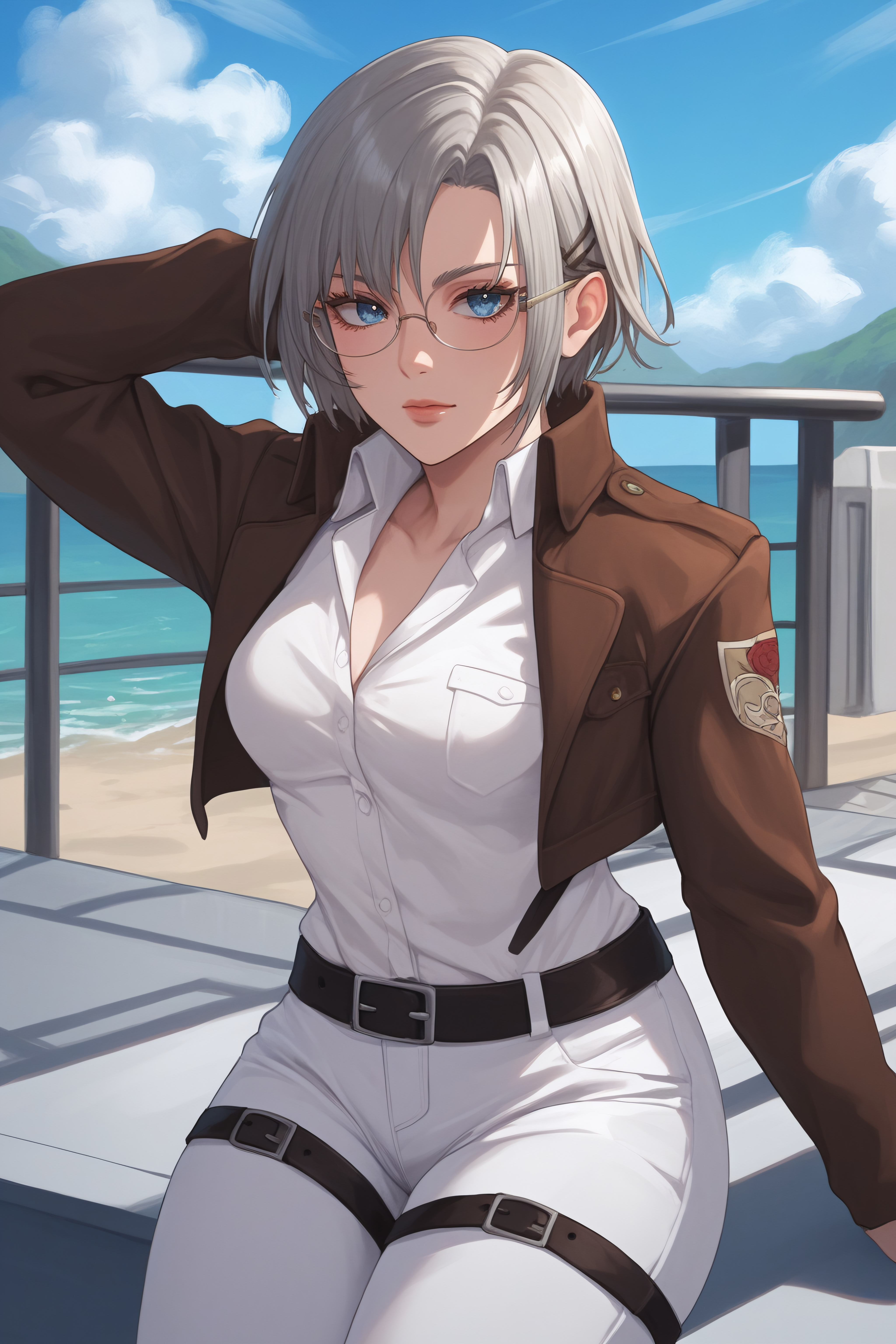 score_9, score_8_up, score_7_up, BREAK source_anime, <lora:Rico Brzenska-PonyXL-lora-Faxtron:1> rico brzenska, blue eyes, grey hair, short hair, medium breasts, glasses, white shirt, open cropped brown jacket, long sleeves, white pants, emblem, belt,