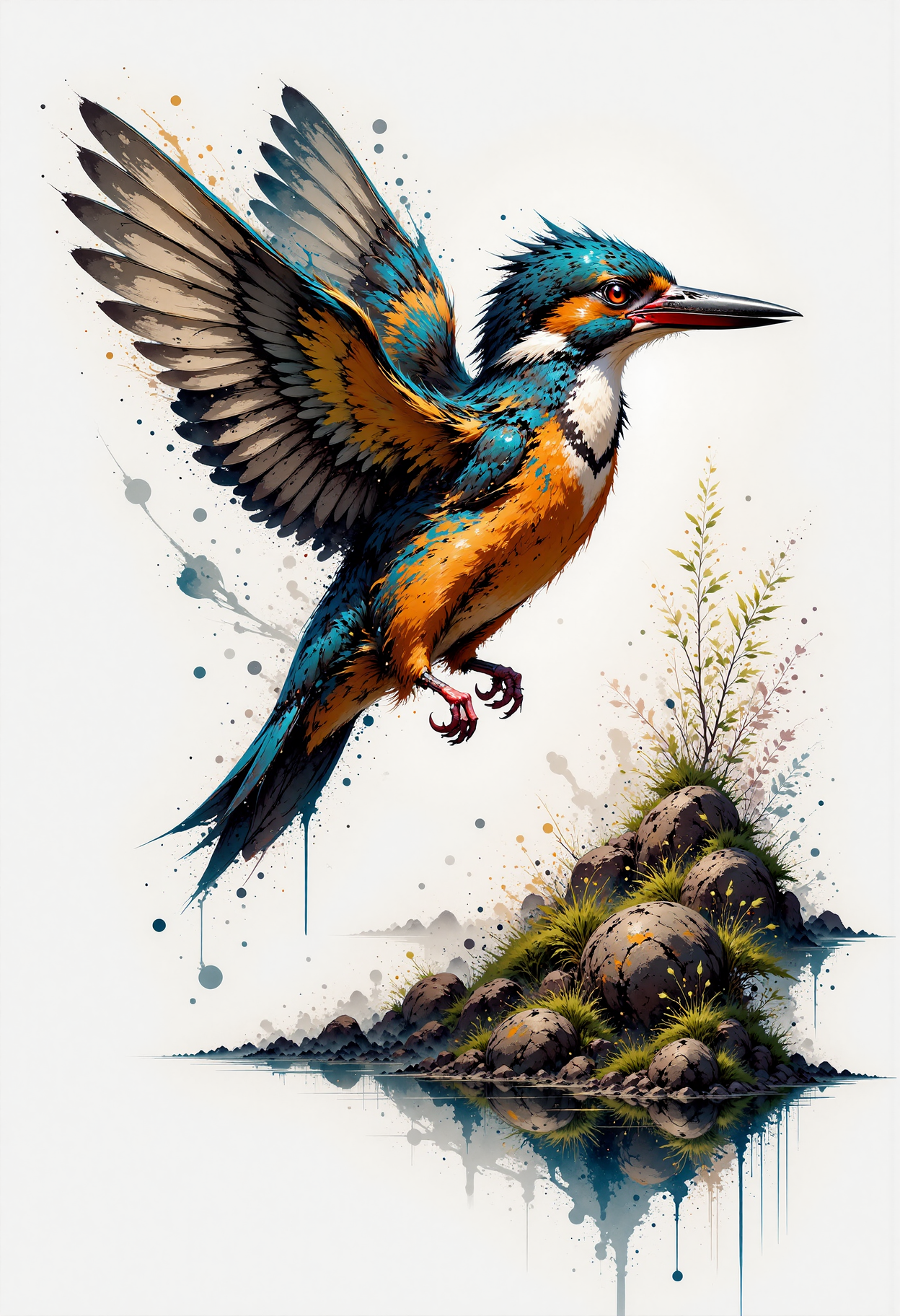 Ink-splash-art. An ink painting of a vibrant kingfisher hovering gracefully above a calm river, its wings captured mid-beat with fluid, expressive brush strokes. The birdâs feathers shimmer in deep blues and oranges, each stroke adding life to its poised form as it surveys the scene below. Soft ink washes suggest gentle ripples in the river, reflecting the birdâs colors, while hints of reeds and stones appear in the background. Delicate splashes of ink around the wings convey movement, capturing the elegance and focus of the kingfisher in mid-air., MysticSplash<lora:Flux/MysticSplash.safetensors:1.0:1.0>