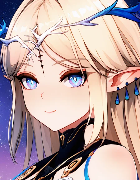 masterpiece, best quality, newest, absurdres, very awa, 1girl, cartethyia, multicolored eyes, bright pupils, crown of thorns, tacet mark, multiple earrings, undersuit, smile, looking at viewer, portrait, three quarter view, starry sky <lora:cartethyia-noob-e-v2:0.8>