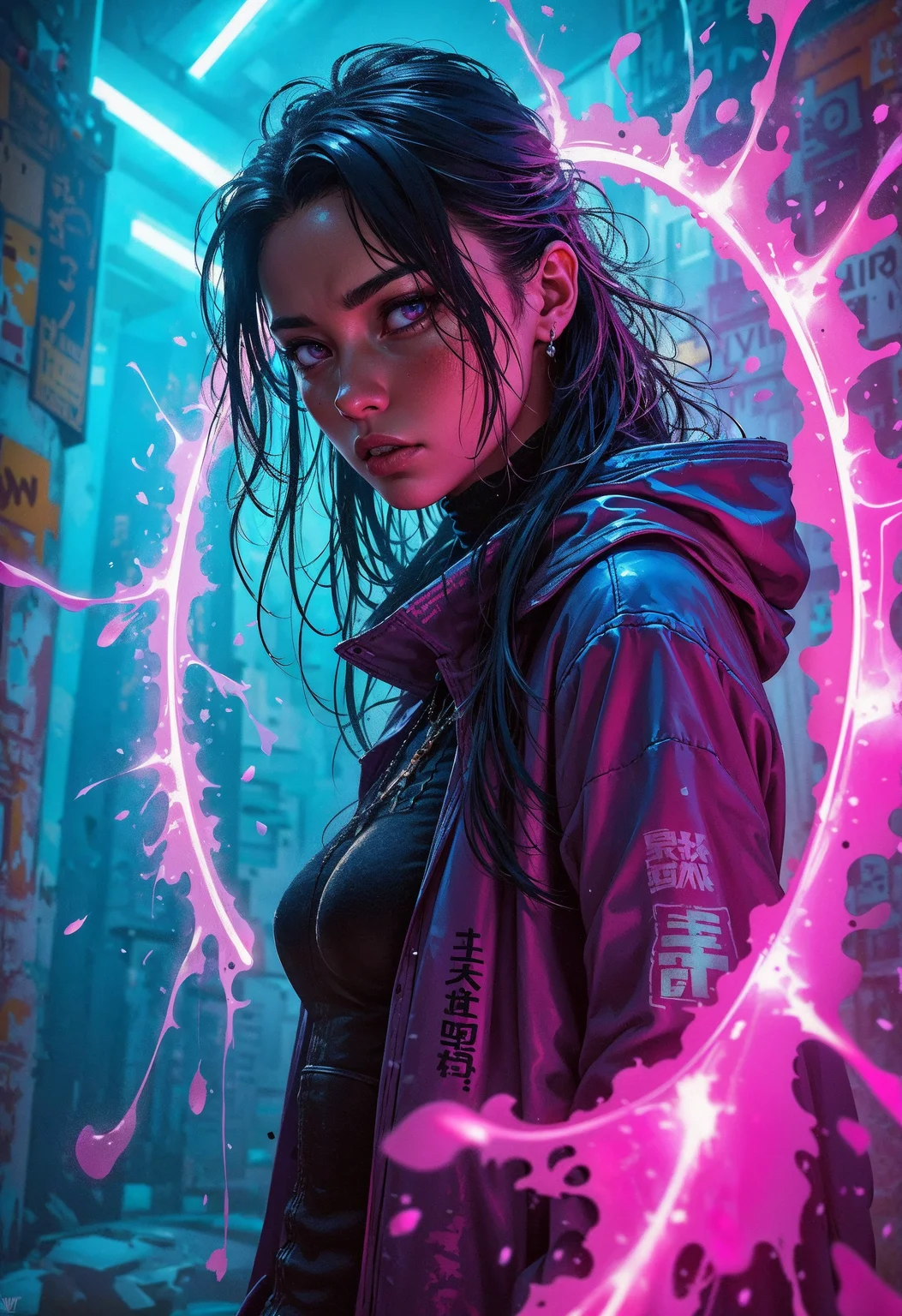 (in Krenz Cushart style:1.2), high-quality, masterpiece, A phantom graffiti artist, mid-shot, caught in the act of spraying glowing paint onto an invisible wall, Her expression is one of defiance, lips curled in concentration as the vibrant spray forms chaotic neon shapes around her, The composition echoes the raw energy of urban street art, with bold colors and dynamic motion captured in a Dutch angle, Street art style, mid-shot, Dutch angle, neon spray, defiant expression, (elaborate fine details:1.1), (elaborately detailed attire with extraordinary elements:1.1), (hyperdetailed:1.1), (intricate details:1.0), (Refined details:1.1), (best quality:1.1), (high resolution:1.2)