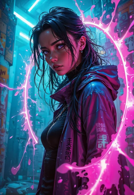 (in Krenz Cushart style:1.2), high-quality, masterpiece, A phantom graffiti artist, mid-shot, caught in the act of spraying glowing paint onto an invisible wall, Her expression is one of defiance, lips curled in concentration as the vibrant spray forms chaotic neon shapes around her, The composition echoes the raw energy of urban street art, with bold colors and dynamic motion captured in a Dutch angle, Street art style, mid-shot, Dutch angle, neon spray, defiant expression, (elaborate fine details:1.1), (elaborately detailed attire with extraordinary elements:1.1), (hyperdetailed:1.1), (intricate details:1.0), (Refined details:1.1), (best quality:1.1), (high resolution:1.2)