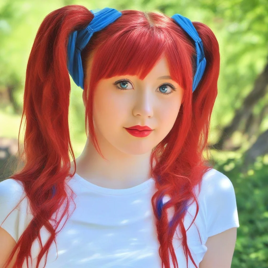 ani_rl, realistic, blurry background, outside, sunny, 1girl, upper body, blonde hair, blue hair, red hair, long hair, blue eyes, twintails, pale skin, lipstick, multicolored hair, white t-shirt