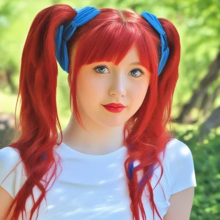 ani_rl, realistic, blurry background, outside, sunny, 1girl, upper body, blonde hair, blue hair, red hair, long hair, blue eyes, twintails, pale skin, lipstick, multicolored hair, white t-shirt