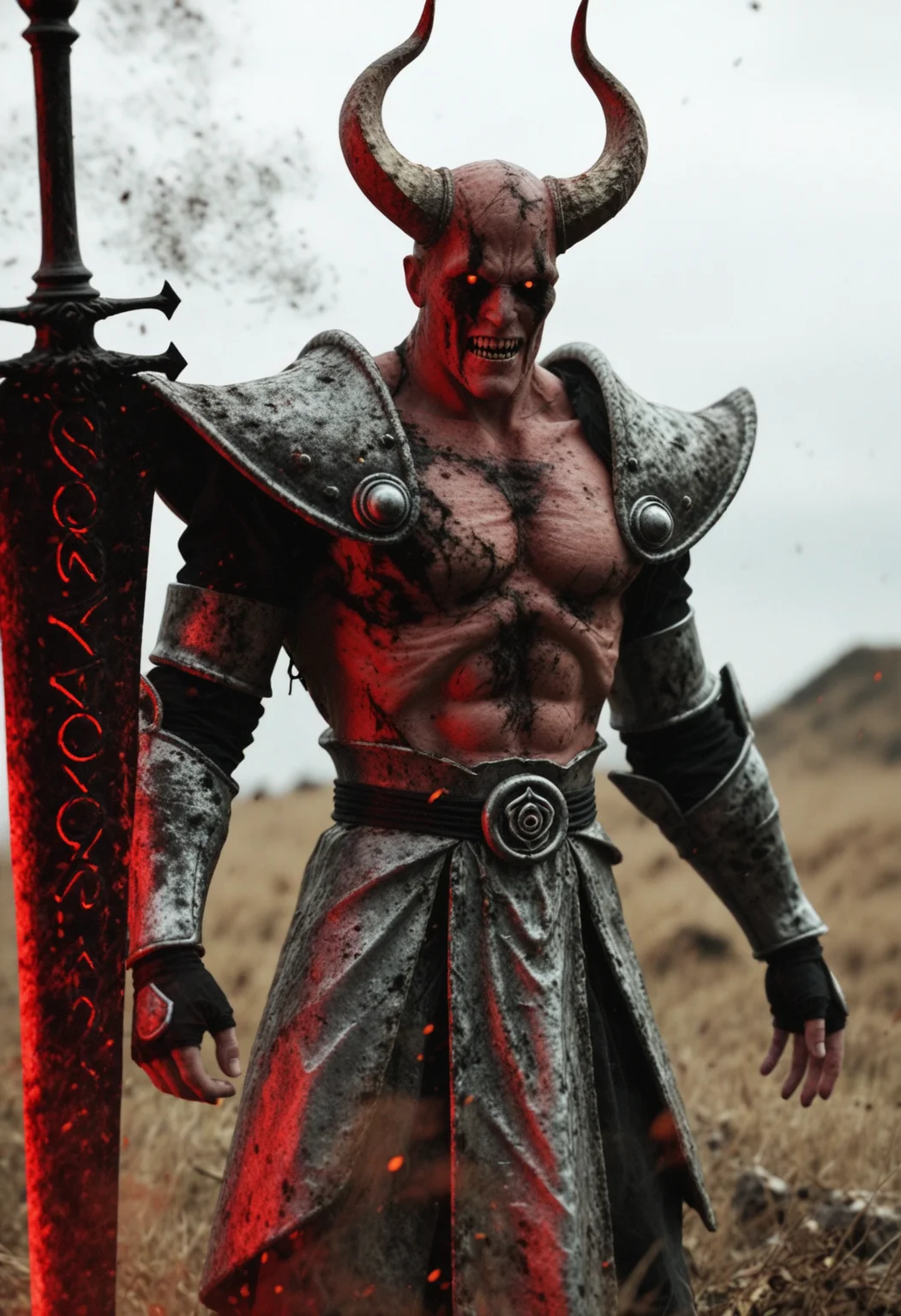 grimdark fantasy illustration of a fully armored knight with a large greatsword in one hand. The colossal crimson sword is made of blood. The knight's armor is intricately detailed and made from a black material, covered in occult symbols and runic script and his pauldrons are large horned demon skulls. He is surrounded by an army of demonic creatures attacking. Red mist permeates the air and the light is ominously fateful. Dynamic and dramatic depiction of an epic battle scene.