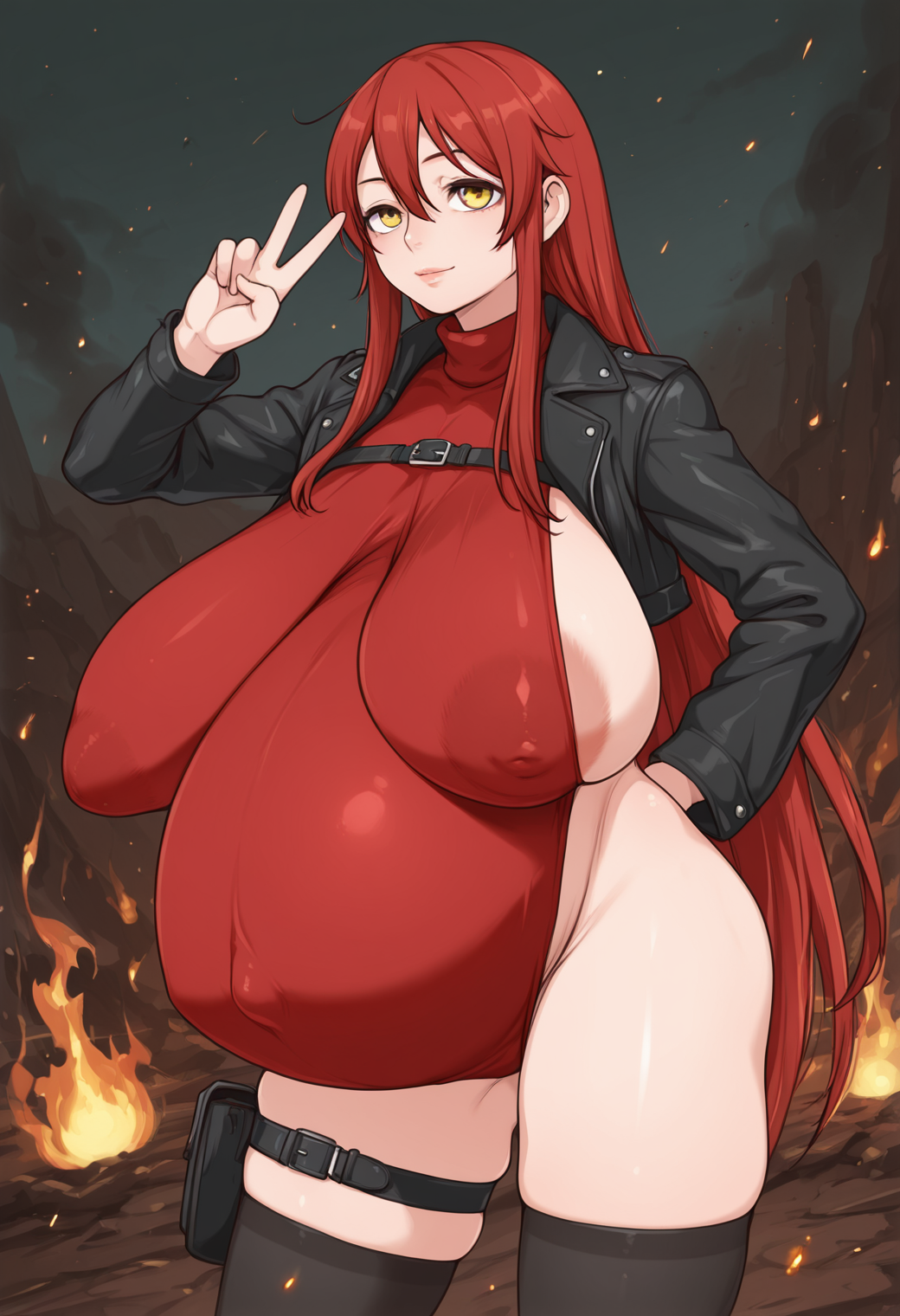 (detailed background:1.1), dynamic pose, standing, v  , (cowboy shot:1.2), (dutch angle:1.2), fire magic, red aura, outdoors, fireball, smoke, (scorched earth:1.2), (magma:1.2), (fire:1.2), bacground engulfed in flames, embers, 
BREAK
(1girl), red hair, very long hair, straight hair, yellow eyes, long sidelocks, hair between eyes, bangs, thick lips, floating fireballs, (aged up, mature female:1.3), light smile 
BREAK
black leather jacket, cropped jacket, open jacket, (red leotard:1.2), belt, thigh strap, black thighhighs, skindentation, thigh pouch, (sideboob:1.1), harness, punk, (bursting breasts:1.1), collared leotard, turtleneck,  
BREAK
(huge breasts:1.3), (sagging breasts:1.3), (skinny, narrow waist:1.2), (thick thighs:1.2), (large areolae, puffy nipples:1.1), (covered nipples:1.3), (toned:0.8), (hip dips, hip bones, groin, groin tendon:1.1),  (hyper pregnant:1.3), 
 <lora:J7W_Style_for_Illustrious:1>