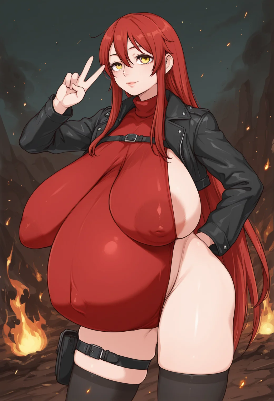 (detailed background:1.1), dynamic pose, standing, v , (cowboy shot:1.2), (dutch angle:1.2), fire magic, red aura, outdoors, fireball, smoke, (scorched earth:1.2), (magma:1.2), (fire:1.2), bacground engulfed in flames, embers,
BREAK
(1girl), red hair, very long hair, straight hair, yellow eyes, long sidelocks, hair between eyes, bangs, thick lips, floating fireballs, (aged up, mature female:1.3), light smile
BREAK
black leather jacket, cropped jacket, open jacket, (red leotard:1.2), belt, thigh strap, black thighhighs, skindentation, thigh pouch, (sideboob:1.1), harness, punk, (bursting breasts:1.1), collared leotard, turtleneck,
BREAK
(huge breasts:1.3), (sagging breasts:1.3), (skinny, narrow waist:1.2), (thick thighs:1.2), (large areolae, puffy nipples:1.1), (covered nipples:1.3), (toned:0.8), (hip dips, hip bones, groin, groin tendon:1.1), (hyper pregnant:1.3),
<lora:J7W_Style_for_Illustrious:1>