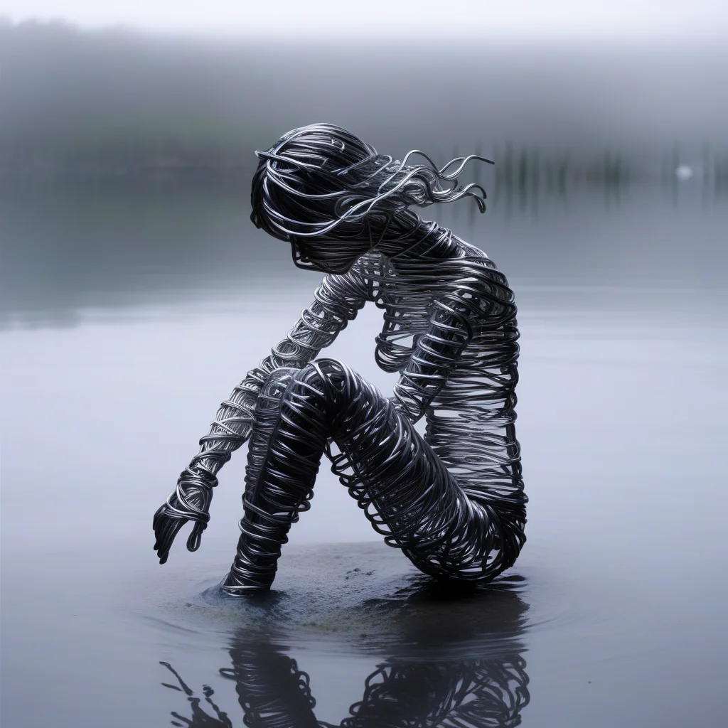 wirex wire sculpture girl immersed in water, dark fog in the background <lora:wirex:0.8>