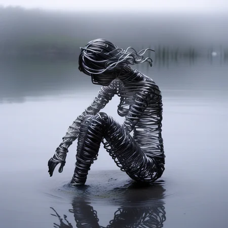 wirex wire sculpture girl immersed in water, dark fog in the background <lora:wirex:0.8>