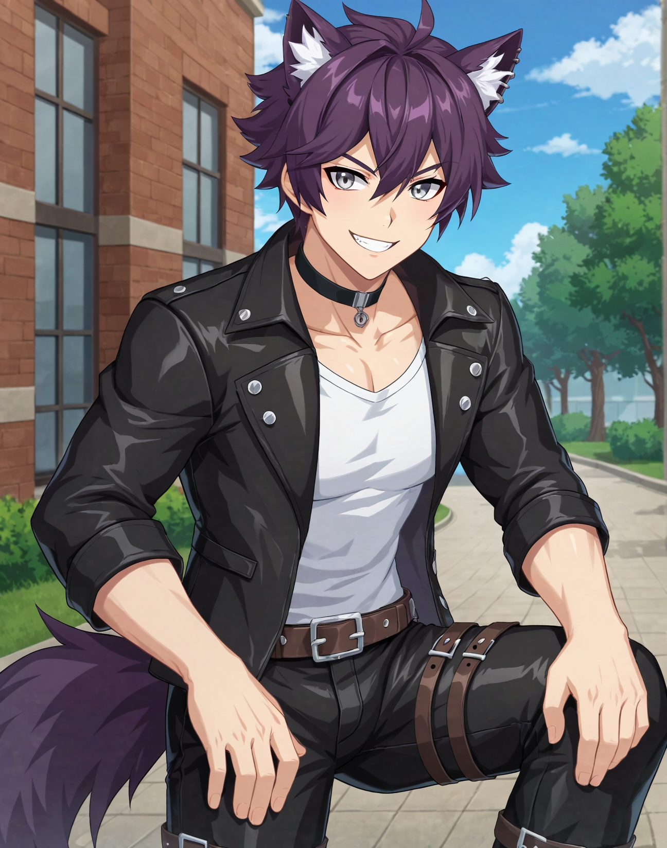 score_9, score_8_up, source_anime, original style, BREAK, rating_safe, <lora:ercnard_sieghart_pony:0.8>, straight-on,  ercnard_sieghart_pony, violet hair, gray eyes, short hair, hair between eyes, 1boy, solo, male focus, cowboy shot,  outdoors, wolf ears, wolf tail, black choker, white shirt,  black jacket, open jacket, fur-trimmed jacket, leather jacket, leather pants, leather_boots, belt,   looking at viewer, standing on one leg, hand on own knee, grin,  <lora:xl_more_art-full_v1:0.3> <lora:Lightning-8:1>