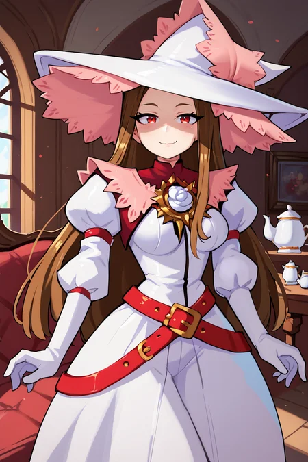(score_9, score_8_up, score_7_up, score_6_up), source anime, BREAK, <lora:Rosary_Esmeralda_Yggdra_Union_Well_Never_Fight_Alone__Dept._Heaven:0.65>, RosaDef, brown hair, long hair, red eyes, white witch hat, white dress, red belt, juliet sleeves, gloves, rose, large breasts, closed mouth, cowboy shot, interior, living room, mansion, sofa, teapot, smug grin, <lora:zy_Detailed_Backgrounds_v1:0.5> , detailed background, highly detailed, <lora:4nd43rzXLP:0.8> , 4nd43rz,