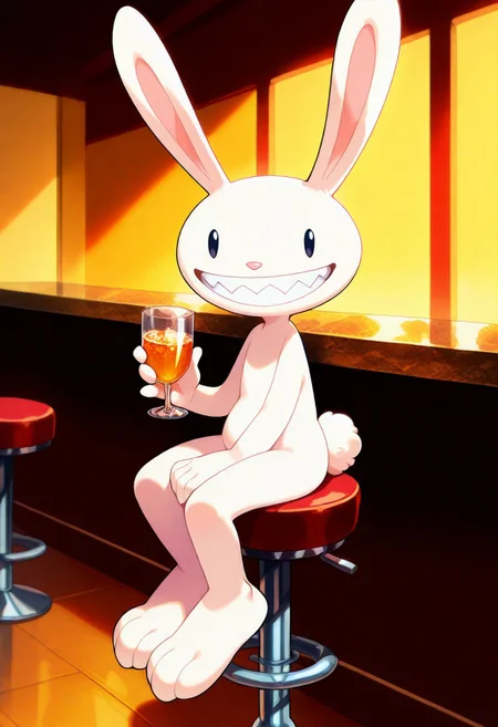 [#furry🐇],side_light, 4k,(masterpiece:1.4),(best quality:1.4),(high resolution:1.4),Ultra HD, HDR,(hyperdetailed),smooth lighting,source_anime,very aesthetic,intricate details,intense,highres,vibrant colors,detailed_shadows, detailed_reflections,high-quality textures,depth of field,good shading,studio quality,epic lighting,digital illustration,path_tracing,rtx_on_styled_lighting_and_reflections,<lora:add-detail-xl:1>,looking at viewer,unblurred,perfect composition,intricate details,incredibly absurdres,
(masterpiece, high quality, best quality:1.2), max /(sam and max/), solo, bar, sitting, bar stool, smile, holding beverage, Max The white lagomorph bunny with pearl white fur and black dot eyes. Max has a small pink nose and razor sharp teeth, Shortstack, Lagomorph feet, bunny ears, white fur, pink inner ear, black sclera, wide smile, Male bunny, anime style, male, male solo,