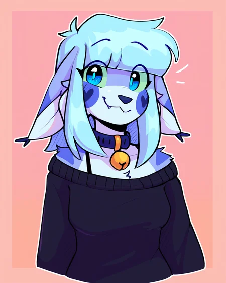 score_9_up, score_8_up, score_7_up, score_6_up, by remanedur, furry female, floppy ears, by remanedur, half-length portrait, sidelocks, female, furry, blue eyes, bell collar, blue hair, oversized sweater, off shoulder sweater, tail, medium breasts, bra strap, looking at viewer, head tilt, solo, happy, smile, three-quarter view, simple background, white outline, <lora:Leah_Pines(AIM)_XL_v1:0.15> <lora:PDXL_artist_tags_v2_big:0.5> <lora:The-Minuscule-Task_PDXL_v1.0:0.6> <lora:Lenix_lenix_tt:0.7>