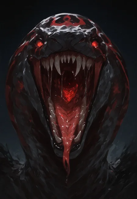 safe_pos, no humans, snake, general, glowing eyes, looking at viewer, saliva, forked tongue, monster, dark night, shiny, reflection, sharp teeth, fangs, dark, masterpiece, best quality, very awa, newest, <lora:ponyv5_noobV065S_1_adamW-000013:1.00>