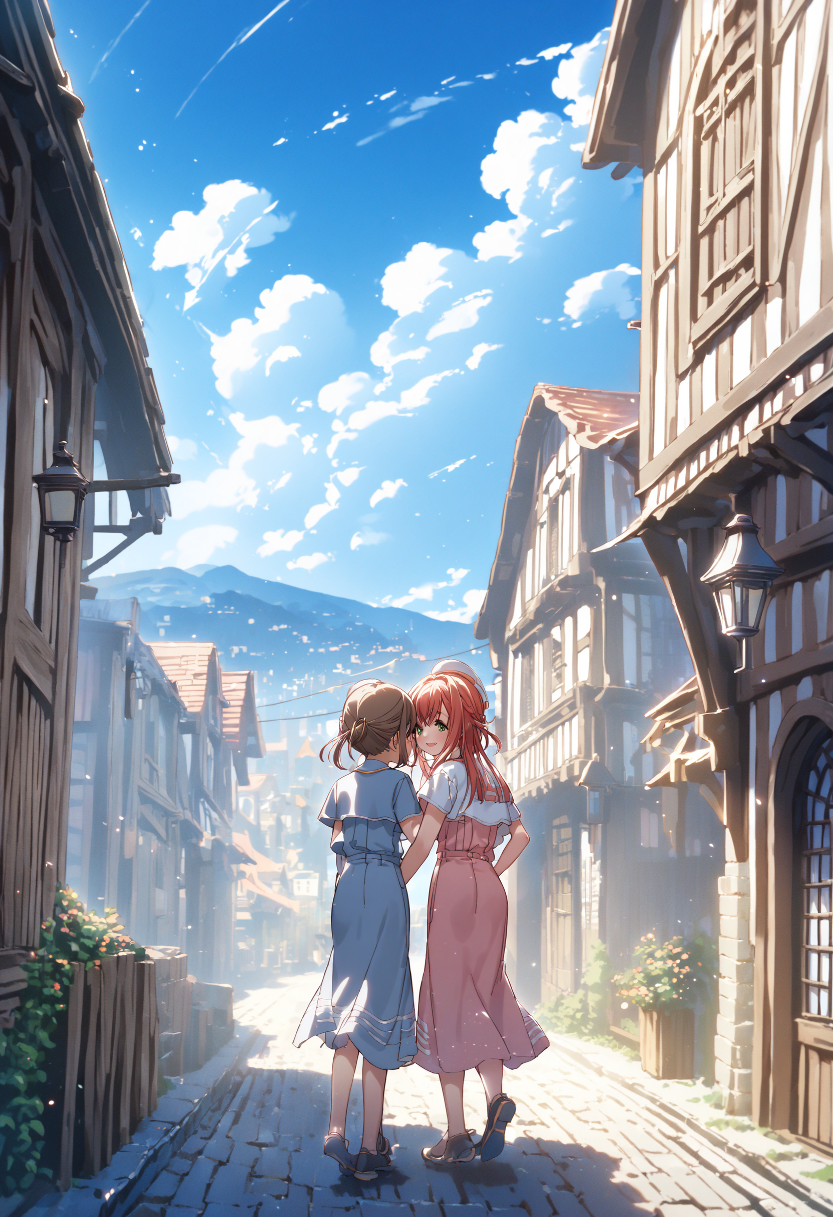 <lora:LoRA_Amazno_Kozue_Style_SDXL-000009:1.2> (amano kozue:1.2),
best quality, 4k, very aesthetic, absurdres, 
(2girls, yuri:1.3), clear eyes, scenery, 
blue sky, town,