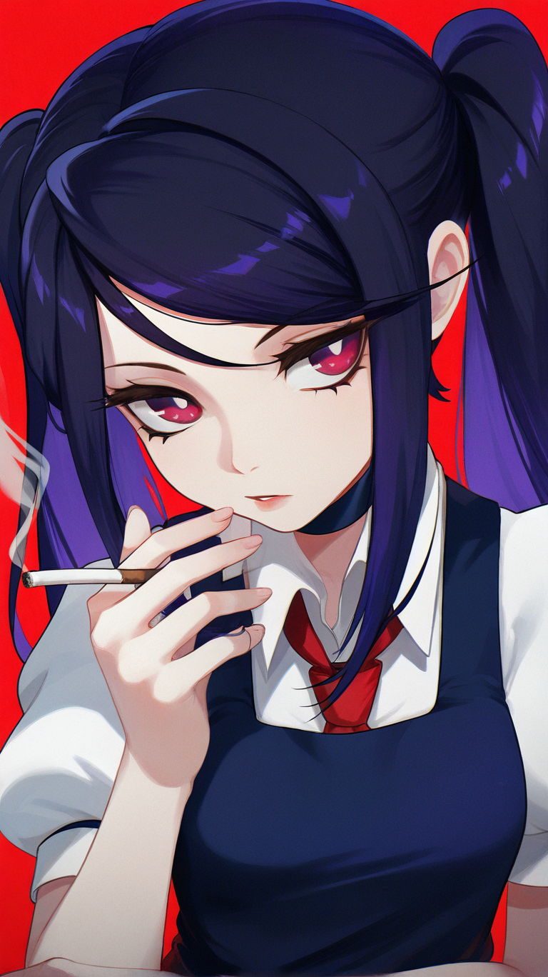 jill_stingray, 1girl, solo, long_hair, simple_background, black_hair, red_eyes, twintails, purple_hair, necktie, red_background, cigarette, smoking