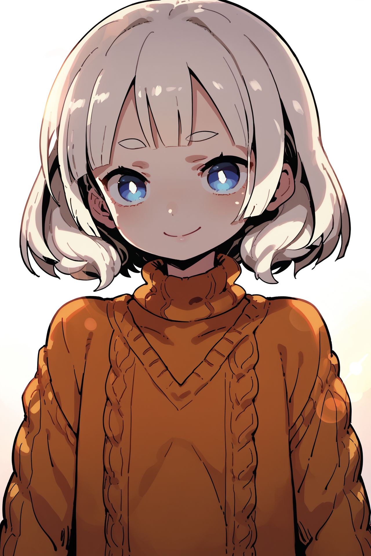 score_9, score_8_up, score_7_up, 1girl, pale skin, squinting eyes smile, white hair, thin fringe, medium hair, dark blue eyes, flat chest, orange aran sweater, lens flare <lora:Himukai_Yuuji_PonyXL_style_v01:1>
