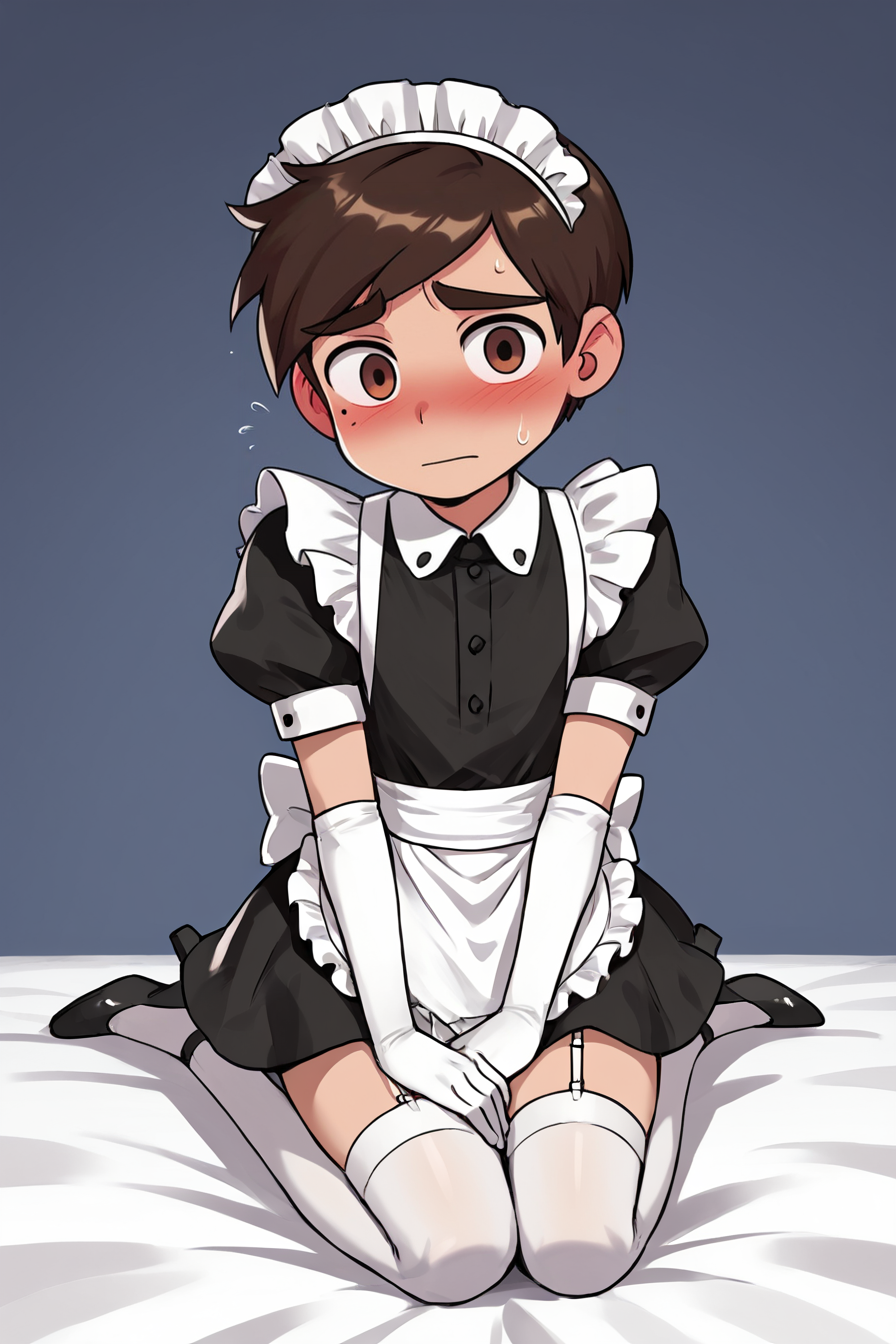 score 6 up,score 7 up, score 8 up,score 9,blush,short sleeves,looking at viewer,  <lora:marco_diaz:0.7>,marco diaz,brown hair,mole under left eye,short hair,solo,thick eyebrows,<lora:Lucyla_Art_Style:0.4>,male focus,maid headdress,maid uniform,,embarrassed,black heels,white elbow gloves, white stockings