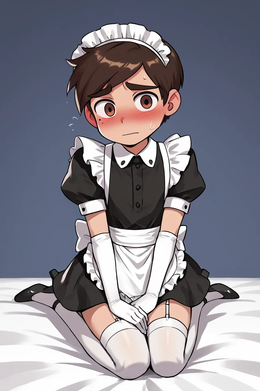 score 6 up,score 7 up, score 8 up,score 9,blush,short sleeves,looking at viewer, <lora:marco_diaz:0.7>,marco diaz,brown hair,mole under left eye,short hair,solo,thick eyebrows,<lora:Lucyla_Art_Style:0.4>,male focus,maid headdress,maid uniform,,embarrassed,black heels,white elbow gloves, white stockings