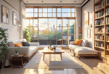 anime-style, modern-style interior, with white walls and large windows, Nordic-style furniture, a  study, Sofa, coffee table, bookcase, single wall, 
warm light morning sun, the view of the city