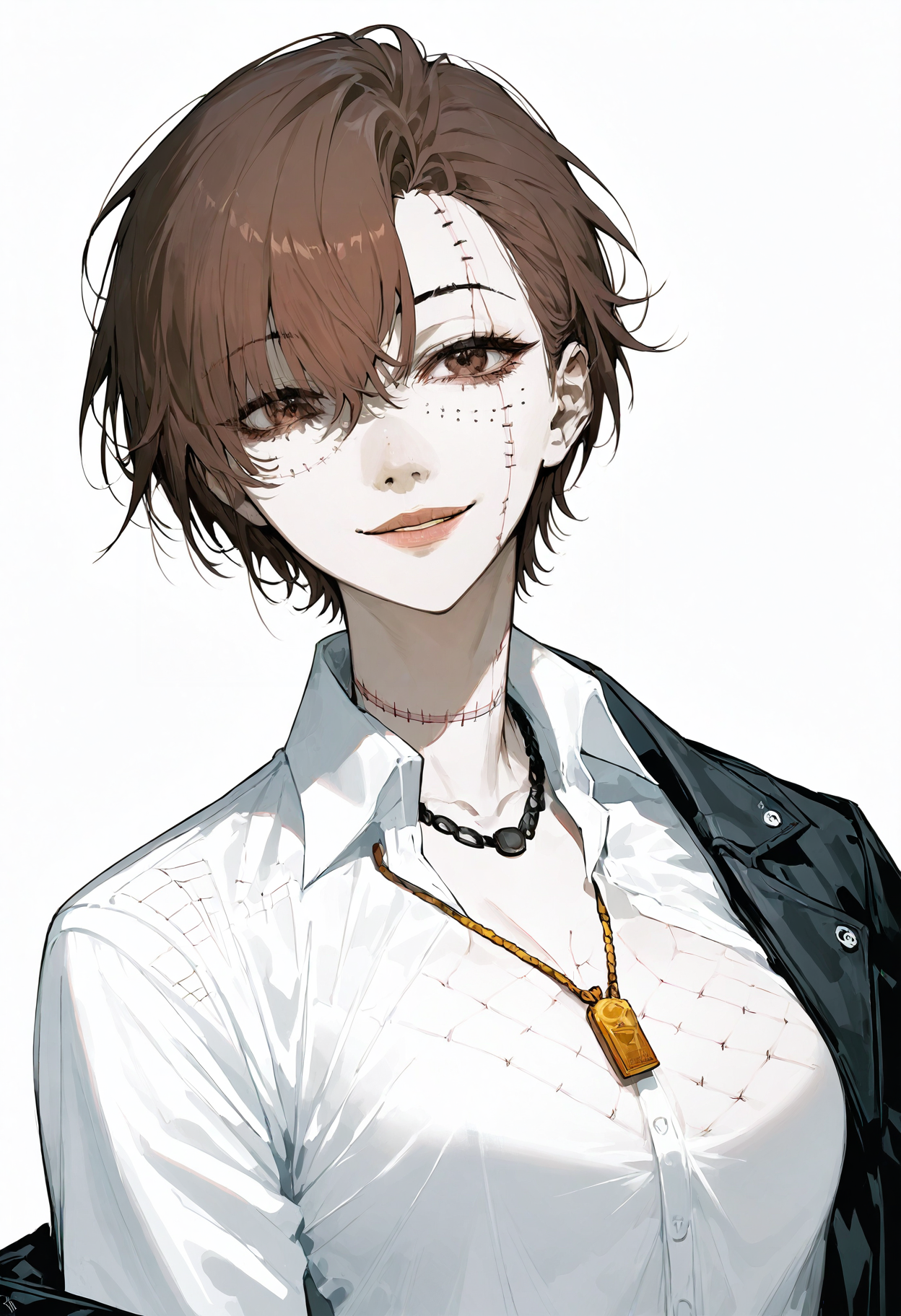 score_9, score_8_up, score_7_up, score_6_up, score_5_up, score_4_up,
 <lora:BodyStitchesV3:1> st1tch3s, stitches, patchwork skin, 
, 1girl, solo, looking at viewer, smile, short hair, simple background, shirt, brown hair, white background, jewelry, brown eyes, white shirt, upper body, collared shirt, necklace, lips, head tilt, freckles