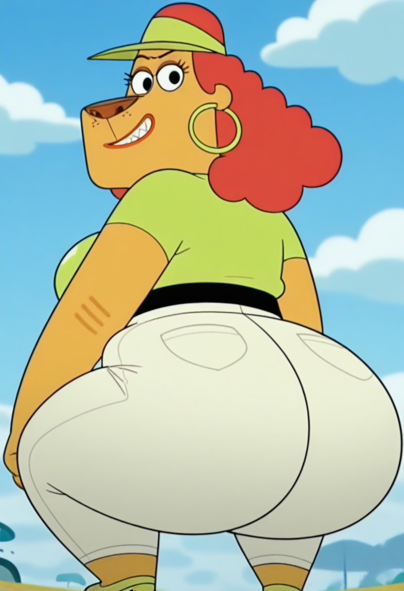 show accurate,1girl, cartoon style
perfect eyes,black dot eyes
muriel from furiki wheels,
hat,visor 
jewelry,red hair, hoop earrings,
, , ,clenched teeth , ,, , , ,, , 
squatting,ass view,back view
hyper ass,gigantic ass,round ass
large breasts, furry, female, , ,furry , ass,
huge thighs
,fat,breasts,
, standing, , ,
upper body,front view,smile,medium body,close up
blue sky, , sky, , , cloud,  , , outdoors, , , solo,   , ,  ,looking at viewer,
hands on legs
best quality, highly detailed ,masterpiece, best quality, high quality,