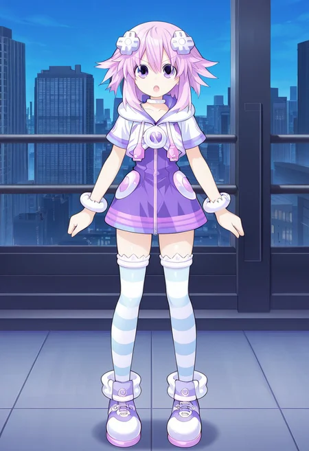 masterpiece, best quality, amazing quality, very aesthetic, absurdres, newest,shiny skin,, anime screenshot, anime coloring, NepNep, purple hair, purple eyes, neptune (neptune series), NepNep, Fol001, Np_Def, purple hair, purple eyes, neptune (neptune series), d-pad hair ornament, cropped hoodie, closed hoodie, white hoodie, white hood, hood down, white choker, zipper dress, purple dress, white bracelet, collarbone, striped thighhighs, short sleeves, white thighhighs, blue thighhighs,
simple background, city background, open mouth, looking at viewer, xdive, Serious expression, Full body,