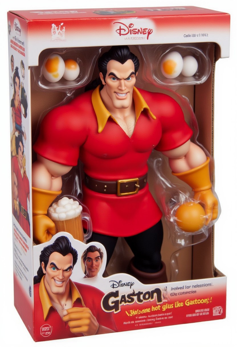 The image is a photograph of a boxed action figure from the "Gaston" line, featuring a muscular Gaston wearing red. The action figure is displayed in a red and white packaging that includes a cardboard backing with a white label at the top featuring the "Disney" logo. Extra text: "No one hot glues like Gaston!". Accessories include beer mug and eggs.