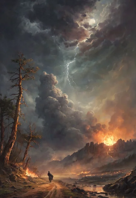 Under a dark, ominous sky, a blazing meteor streaks across the heavens, leaving a fiery trail in its wake. The atmosphere is thick with mist and smoke, creating an eerie, apocalyptic scene. Flames flicker and dance as the meteor descends, casting an orange glow over the landscape. The ground below is illuminated by the fiery light, revealing scenes of chaos and destruction as if it were Judgement Day. The air is heavy with the acrid scent of burning, and an intense sense of foreboding pervades the environment. The scene captures the terrifying beauty of nature's fury, a moment of cataclysmic power that signals the end of an era. moonlit night.romantic impressionism, dream scenery art, beautiful oil matte painting, romantic, style of thomas kinkade, beautiful digital painting, anime landscape, romantic painting, thomas kinkade style painting, dreamlike digital painting, colorful painting, beautiful gorgeous digital art, style thomas kinkade