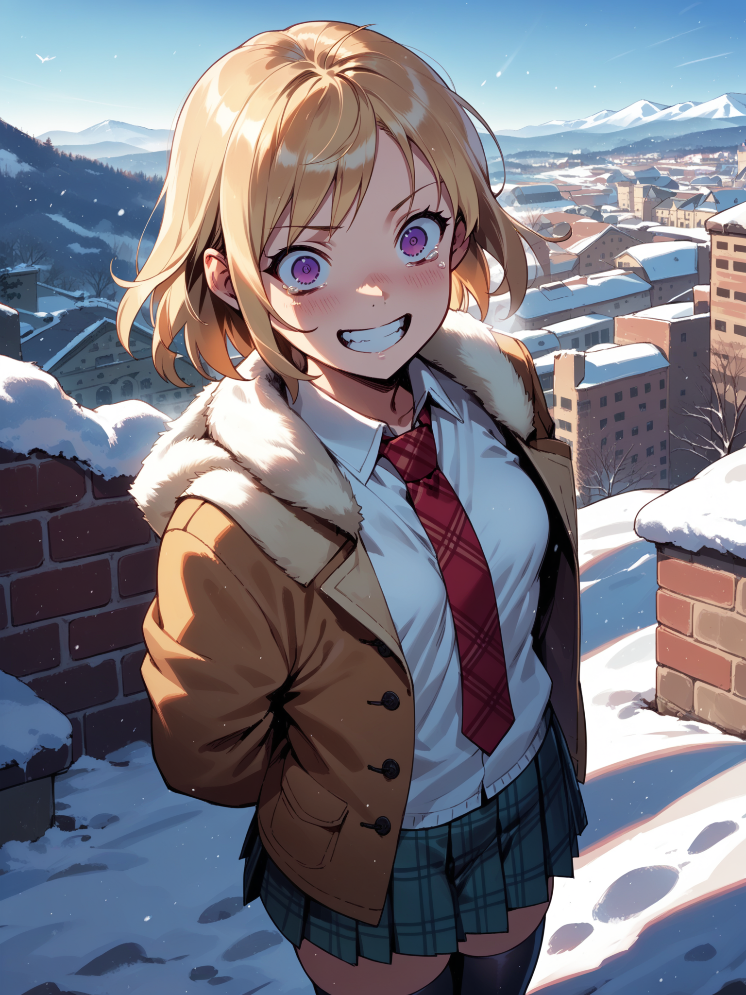 (cowboy shot, solo focus:1.2) <lora:happy_tentacle-lovebeat-v0.2-000036:1>, ht_lovebeat, (blonde hair, purple eyes:0.7), pleated skirt, plaid skirt, plaid necktie, thighhighs, () ((open clothes :1.1) :1.1) ( , (crying with eyes open:0.8) , ( surprised :1.2) , grin , looking back :1) , outdoors, vegetation, ( :1.1), winter, snow , (dawn :0.6), , (:0.5), , (european architecture :0.9), (cliff :1.2) (( from above :1.1) :0.8) score_9, score_8_up, score_7_up, score_6_up, score_5_up, score_4_up, ( [(realistic, photorealistic:1.3):(realistic:1.2):14] [(3d:1.2)::12] :1) <lora:LUUNA's Lunas-NijiJourney-SDXL-B2:0.35>, nijijourney <lora:prgfrg23's Counterfeit-V3.0 Style SDXL_LoRA_Pony Diffusion V6 XL:0.5> <lora:mfcg's mfcgXL:0.12> <lora:reweik's gyokai(himehajime)_PonyXL_style_v01:0.14>