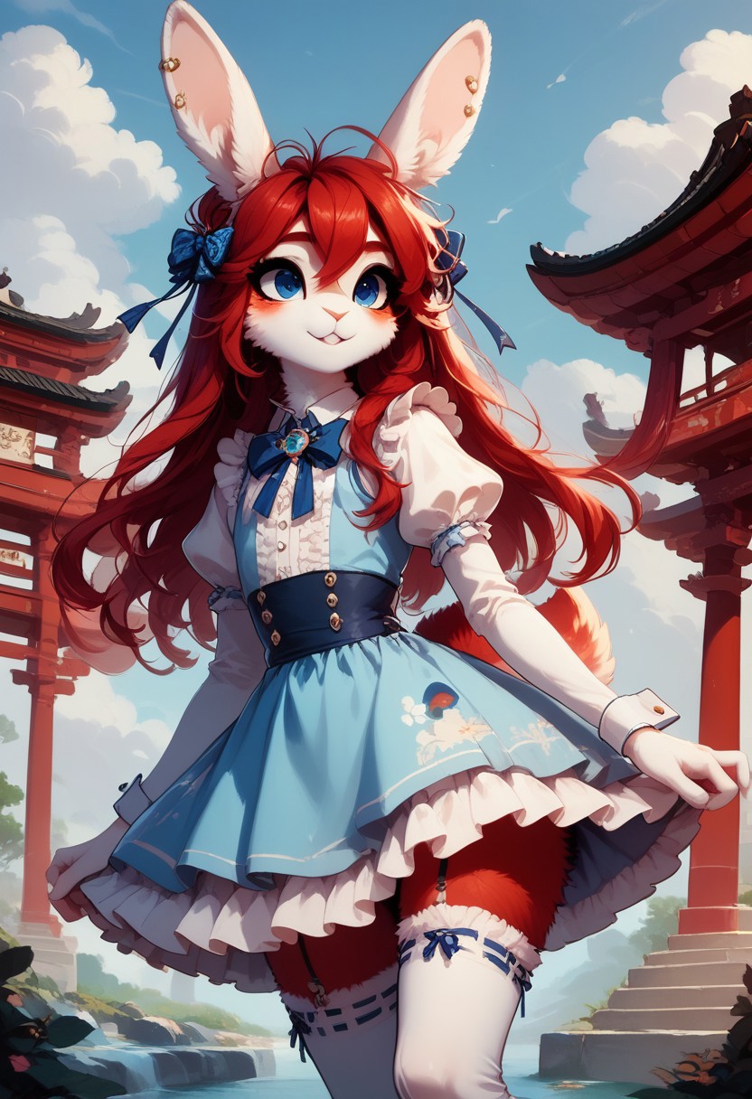 score_9, score_8_up, score_7_up, 
Huggles, 1boy, solo, furry male, rabbit boy, rabbit ears, rabbit tail, red hair, long hair, blue eyes, jyojifuku, dress, frills, ribbon, hair bow, thighhighs, MegaFluffyPony, furry, fluffy,
highly detailed, intricate, zzCitronCAT, outdoors, temple, pagoda
