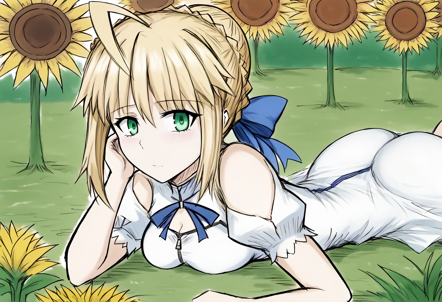 score_9, score_7_up, source_anime, uncensored, zPDXLxxx, <lora:intricate_details:1> intricate_details_xl, outdoors, sunflower, field, depth of field, cowboy shot,
1girl, solo, <lora:artoria-pendragon-hf-ponyxl-lora-nochekaiser:0.5> artoria pendragon, artoria pendragon \(fate\), saber, blonde hair, green eyes, ahoge, sidelocks, hair bun, single hair bun, braid, dress, ribbon, hair ribbon, white sundress, medium breasts, <lora:BlackSouls_Style_v1.0:1.3> bs style, sketch, on stomach, ass focus, unzipping, big butt,