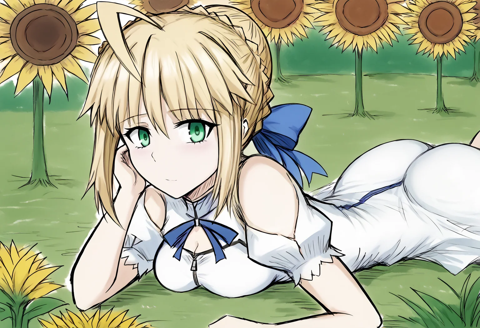score_9, score_7_up, source_anime, uncensored, zPDXLxxx, <lora:intricate_details:1> intricate_details_xl, outdoors, sunflower, field, depth of field, cowboy shot,
1girl, solo, <lora:artoria-pendragon-hf-ponyxl-lora-nochekaiser:0.5> artoria pendragon, artoria pendragon \(fate\), saber, blonde hair, green eyes, ahoge, sidelocks, hair bun, single hair bun, braid, dress, ribbon, hair ribbon, white sundress, medium breasts, <lora:BlackSouls_Style_v1.0:1.3> bs style, sketch, on stomach, ass focus, unzipping, big butt,