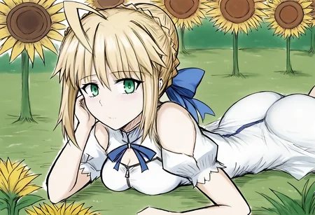 score_9, score_7_up, source_anime, uncensored, zPDXLxxx, <lora:intricate_details:1> intricate_details_xl, outdoors, sunflower, field, depth of field, cowboy shot,
1girl, solo, <lora:artoria-pendragon-hf-ponyxl-lora-nochekaiser:0.5> artoria pendragon, artoria pendragon \(fate\), saber, blonde hair, green eyes, ahoge, sidelocks, hair bun, single hair bun, braid, dress, ribbon, hair ribbon, white sundress, medium breasts, <lora:BlackSouls_Style_v1.0:1.3> bs style, sketch, on stomach, ass focus, unzipping, big butt,