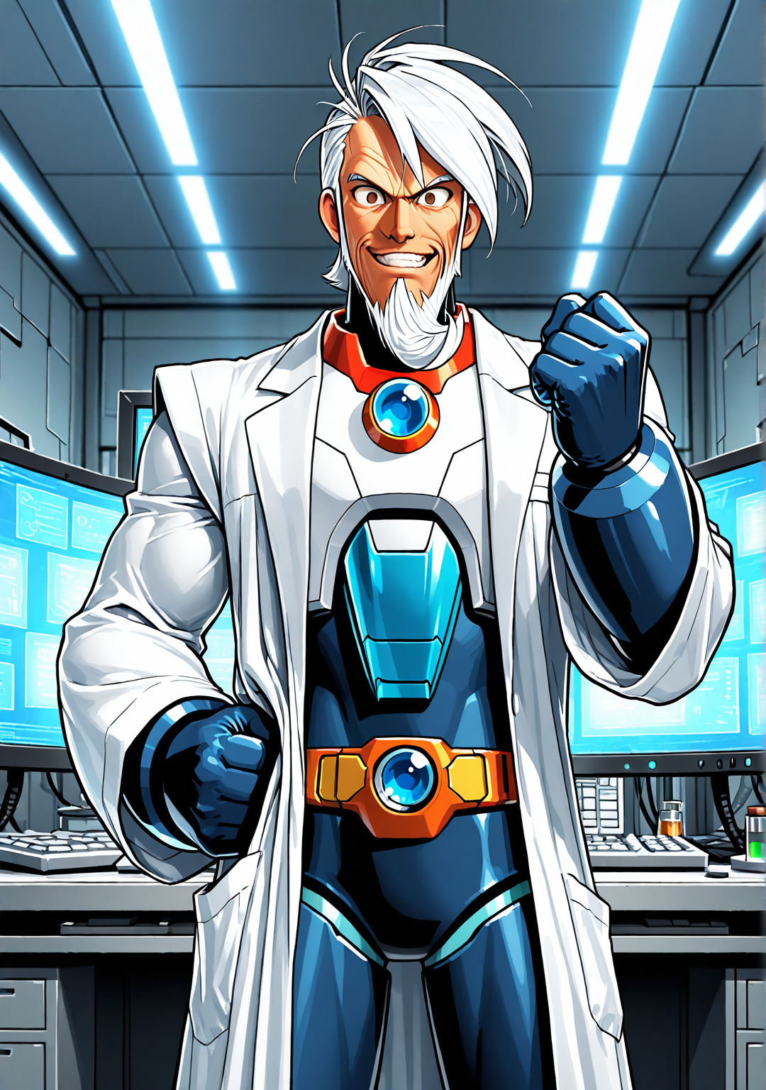 masterpiece,best quality,amazing quality, GENHERAC, FMIXFT, radiant details, 1boy, male focus, old, old man, solo, white hair, sideswept hair, ((sideswept beard)), brown eyes, muscular, android, body armor, mega man x, white lab coat, evil grin, wide eyed, tsurime, one hand up, looking at viewer, fist, indoors, command center, monitors, computers