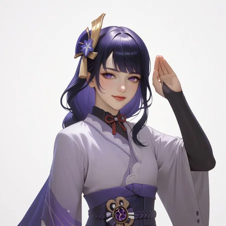 score_9,score_8_up,score_7_up,<lora:raiden_shogun_pony:1>,1girl,raiden_shogun_ckxl,solo,smile,black_hair,long_hair,streaked_hair,two-tone_hair,sidelocks,hair_ornament,absurdres,highres,;\),blunt_bangs,bridal_gauntlets,commentary,long_sleeves,looking_at_viewer,low_ponytail,mitsudomoe_\(shape\),obiage,one_eye_closed,,short_kimono,shoulder_armor,simple_background,white_background,wide_sleeves, mammamia, pinched hand pose