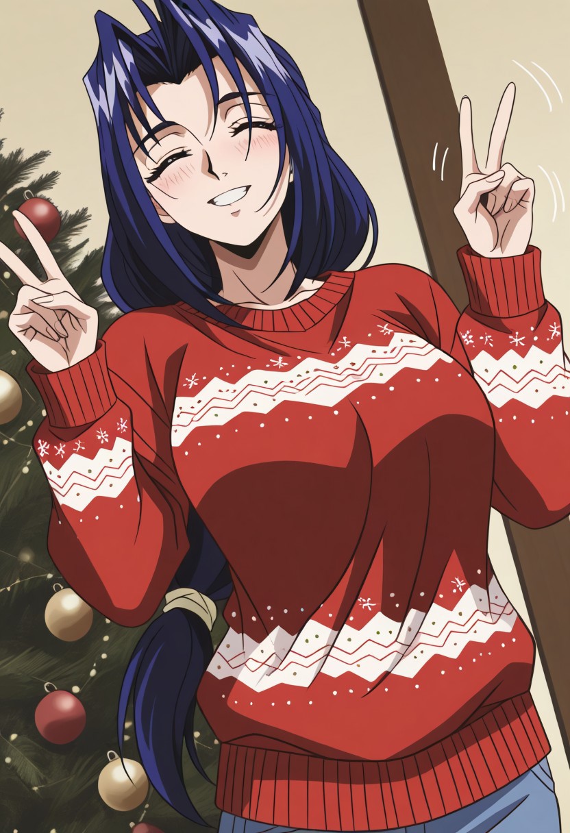 masterpiece, best quality, newest, highres, uncensored, 1girl, yokota mamoru style,1girl, slender face，motion lines,blush,looking at the viewers,torogao,seductive smile
Amou Miyuki OVA,Black Hair, Blue Hair, Curtained Hair, Parted in Middle, Ponytail, Waist Length Hair,Blue Eyes, Tareme Eyes,Big Breasts,
<lora:christmas-sweater-ponyxl-lora-nochekaiser:1>, christmas sweater, christmas, ugly sweater, print sweater, red sweater, christmas tree, christmas ornaments, sweater, multicolored sweater, , v, smile, hands up, teeth, closed eyes, cowboy shot,, , dutch angle, cowboy shot