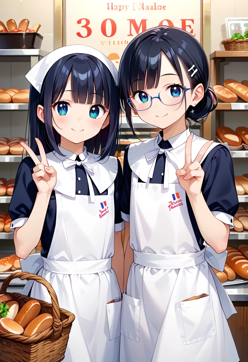 score_9, score_8_up, score_7_up, rating_safe, masterpiece, best quality, absurdres, unity 8k wallpaper, official art, official style, source_anime, uncensored, game cg, megami magazine,
2girls, glasses, vfu, employee uniform, black hair, black dress, short sleeves, collared dress, white apron, upper body, blue triangular bandage, hand up, v, double v, happy, smile, looking at viewer, shelf, food, bread, basket, shop, indoors,
<lora:VFU_PONY_V1:1>