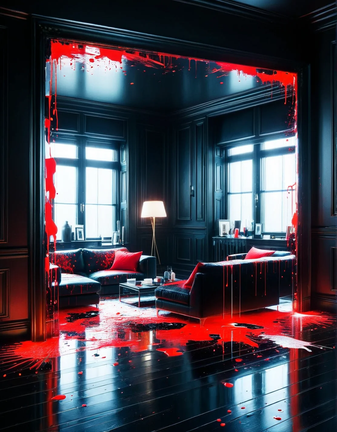 A mirror reflecting a room, a splatter of red ais-nnsplsh across the glass. <lora:ais-nnsplsh-sdxl:1>