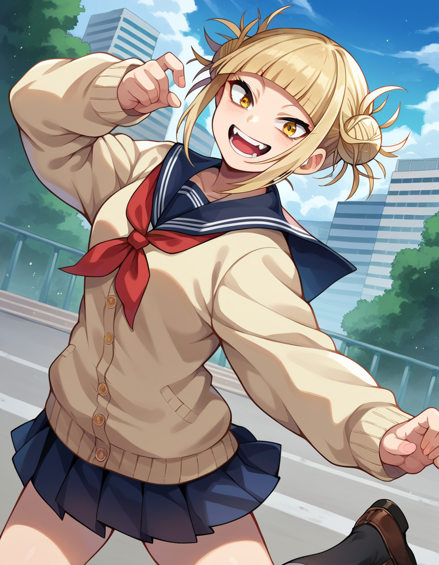 score_9, score_8_up, score_7_up, source_anime,
himikotoga, <lora:himiko-toga-ponyxl-lora-nochekaiser:1>,
himiko toga, bangs, blonde hair, yellow eyes, blunt bangs, hair bun, double bun, messy hair, smile, open mouth,
skirt, long sleeves, school uniform, pleated skirt, shoes, serafuku, socks, sailor collar, blue skirt, neckerchief, kneehighs, brown footwear, cardigan, black socks, loafers, red neckerchief, yellow cardigan,
outdoors, cityscape,
looking at viewer, cowboy shot, dutch angle, dynamic pose,
