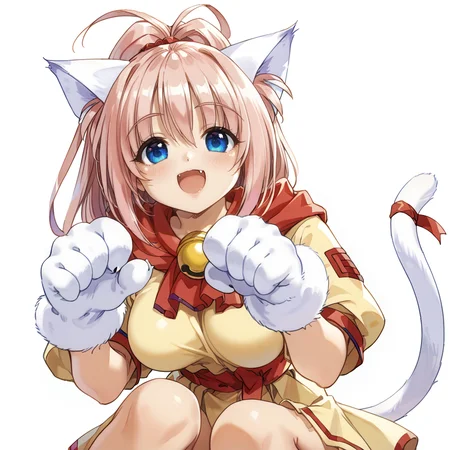 score_9, score_8_up, score_7_up, absurdres, source_anime, 1girl, solo, beautiful eyes, detailed eyes, (white background, simple background:1.3), from below , Sitting, wariza ,
Melody_Sinclair, paw gloves, paw shoes, cat tail, large breasts,
smile, open mouth, fang, highlights,
pink leotard,yellow dress,yellow skirt,red sash,red scarf,tail ribbon,neck bell,
<lora:PerfectEyesXL:1> perfecteyes, <lora:Melody_Sinclair_v1_rev3-000040:0.8>